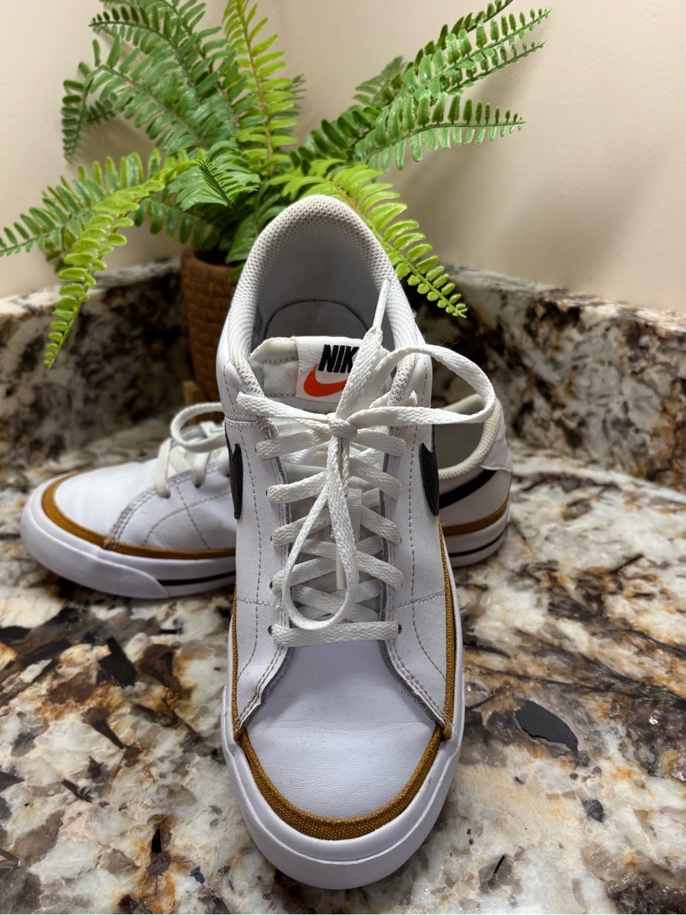 Nike White Low-Top Sneakers with Black Swoosh and Brown Trim